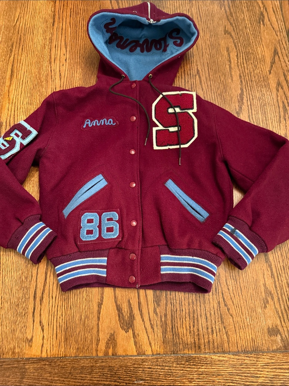 Vintage 1986 Varsity Cheerleader Jacket Stevenson Nelson’s Burgundy Blue Sz 36